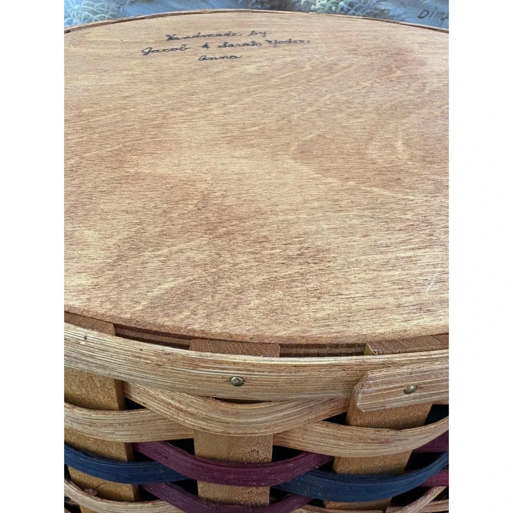 Handmade Jacob & Sarah Yoder Woven Splint Basket Oval Wood Base Blue Burgundy